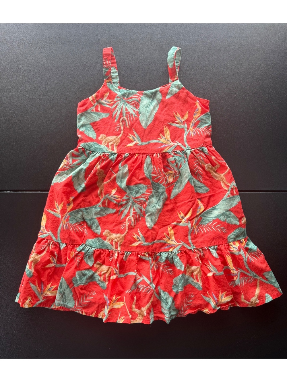 Janie and Jack Girls Size 4 Tropical Monkey Print Tiered Dress Red